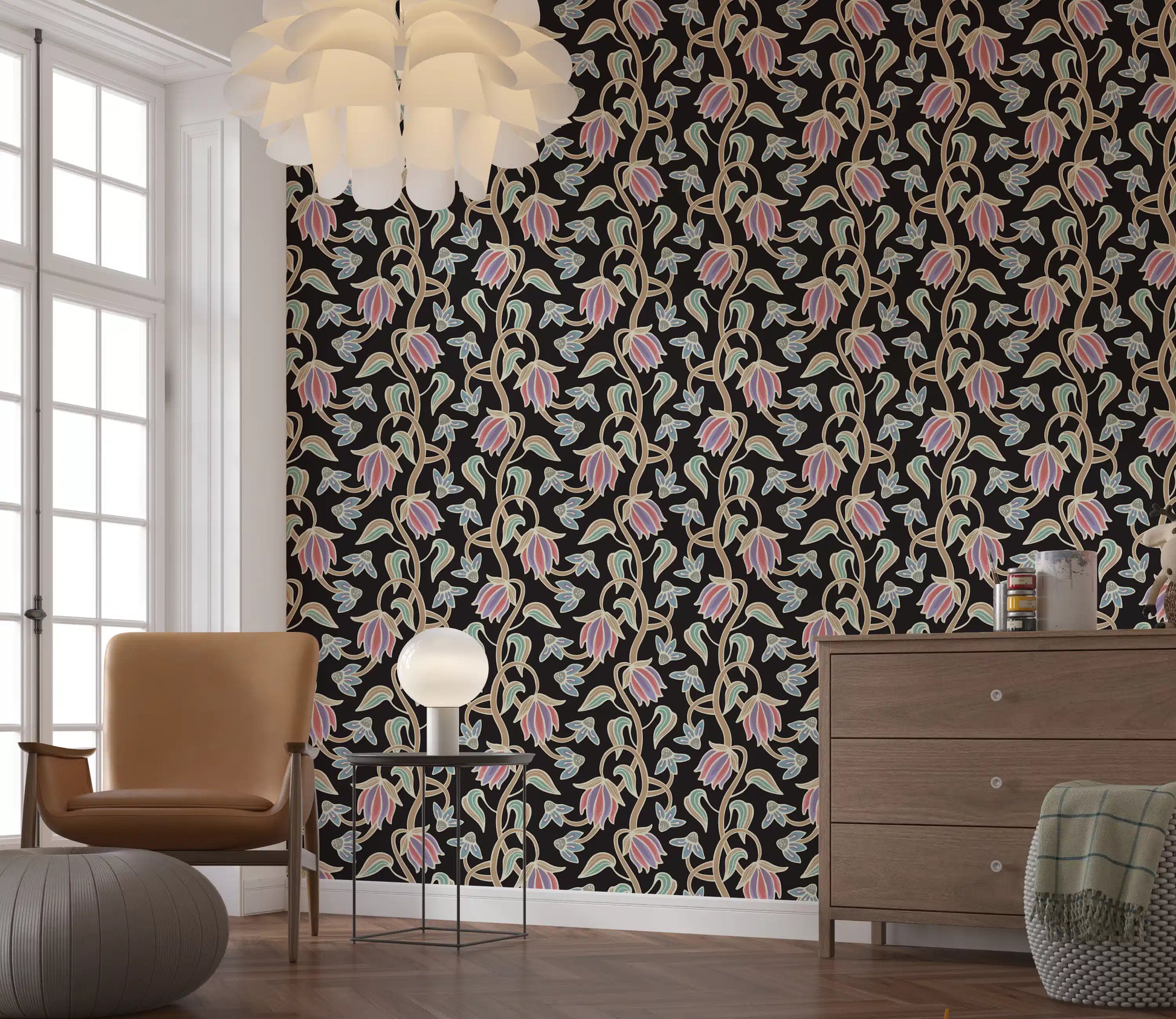 Boho floral wallpaper featuring Ophelia Boho Blossoms vintage tones