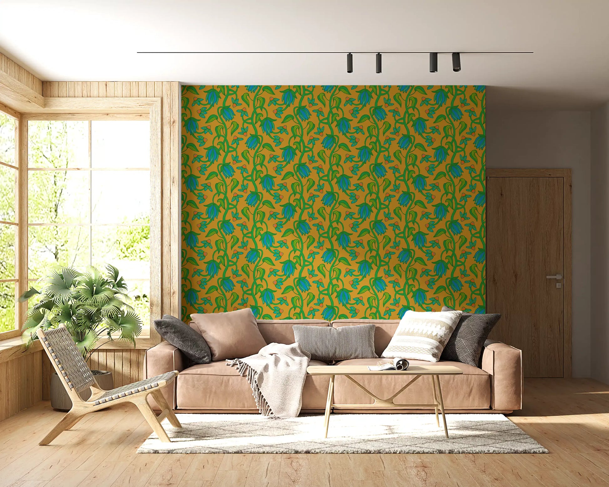 Living room styled with Ophelia Boho Blossoms wallpaper mustard floral base