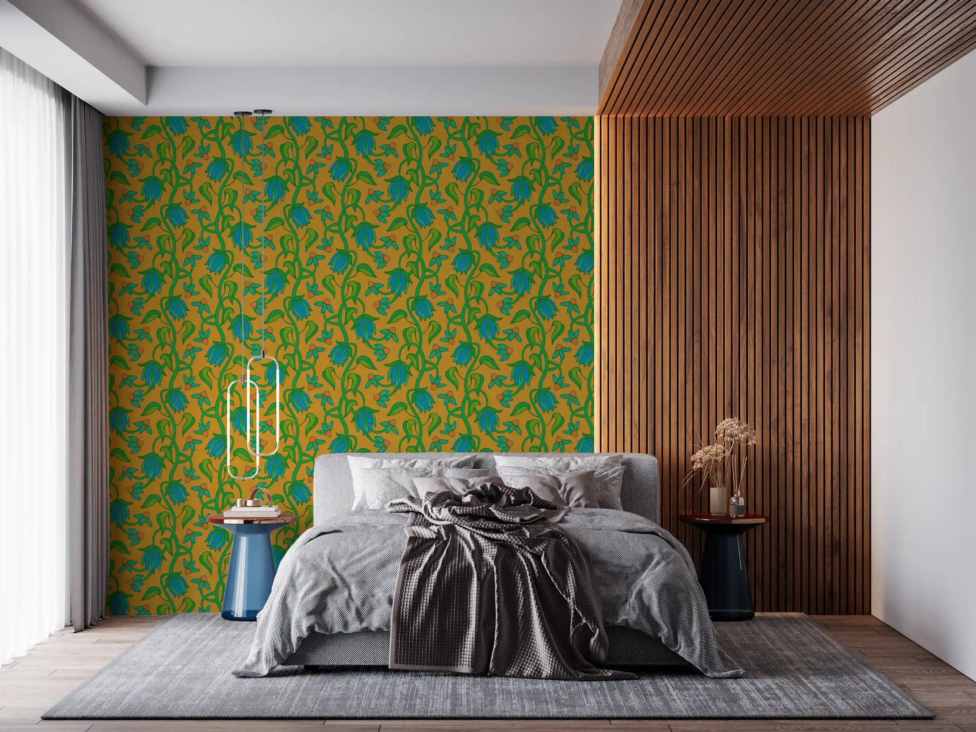 Bedroom interior using Ophelia Boho Blossoms wallpaper tropical vine pattern