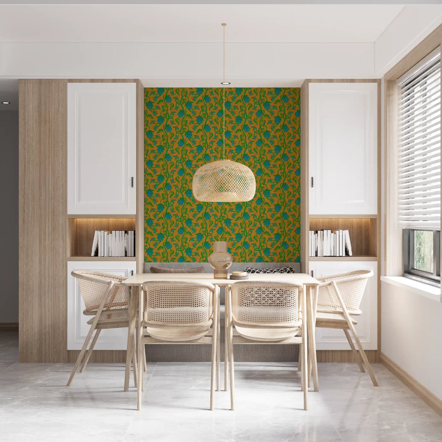 Accent dining area wall styled in Ophelia Boho Blossoms wallpaper vibrant floral look