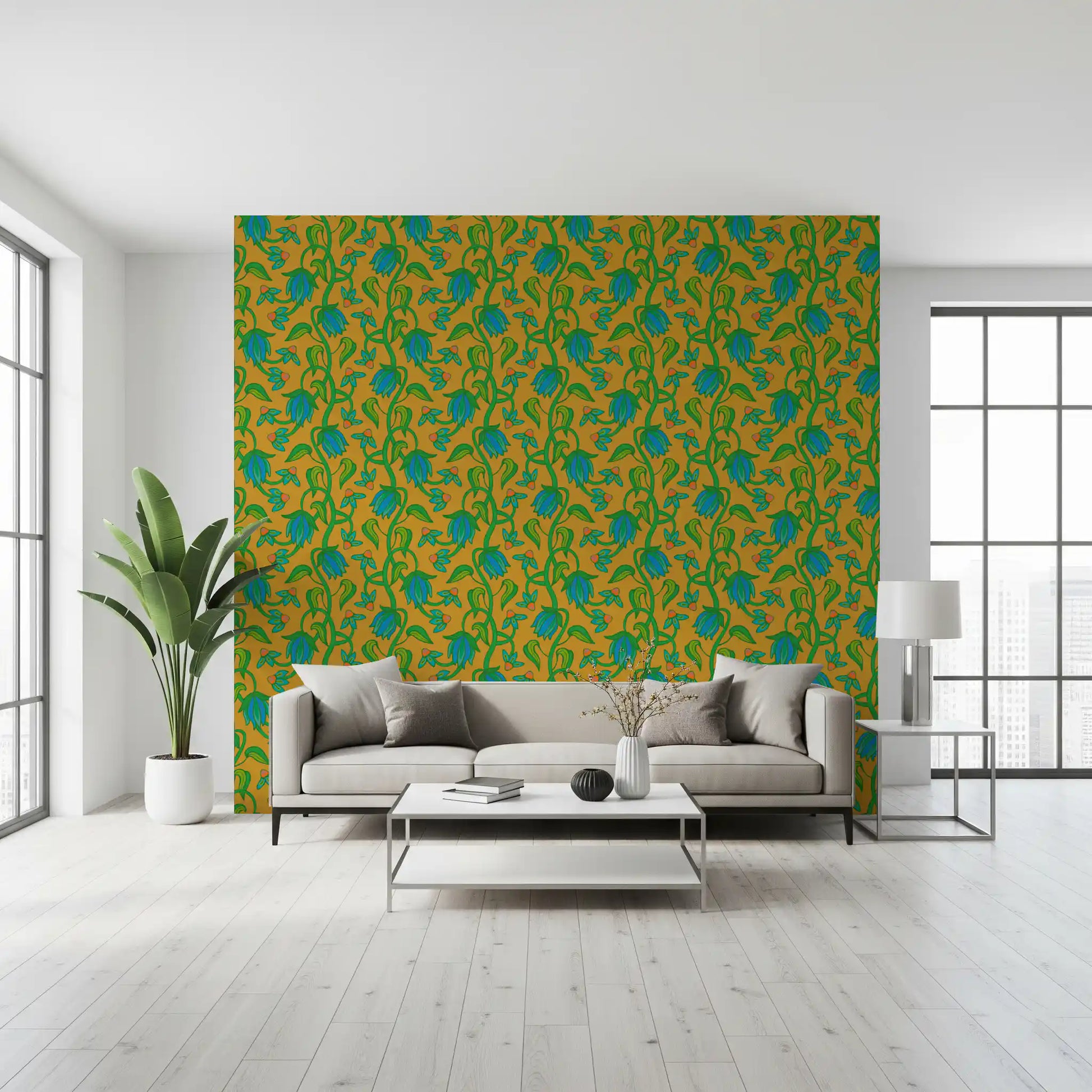 Mustard yellow wallpaper showing Ophelia Boho Blossoms curved stems