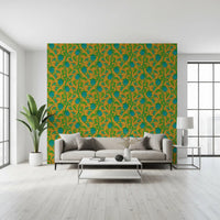 Mustard yellow wallpaper showing Ophelia Boho Blossoms curved stems