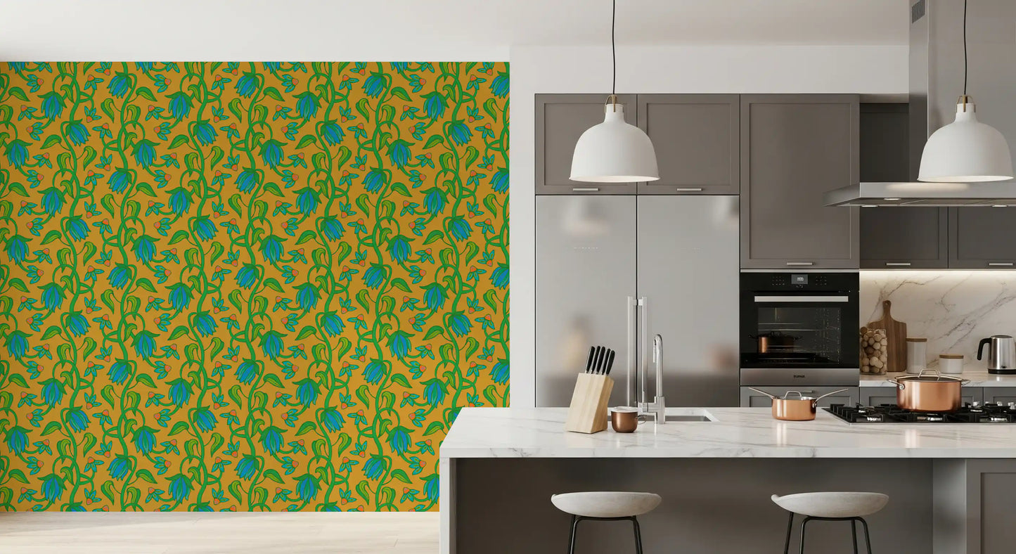 Ophelia Boho Blossoms wallpaper with layered blue green floral details