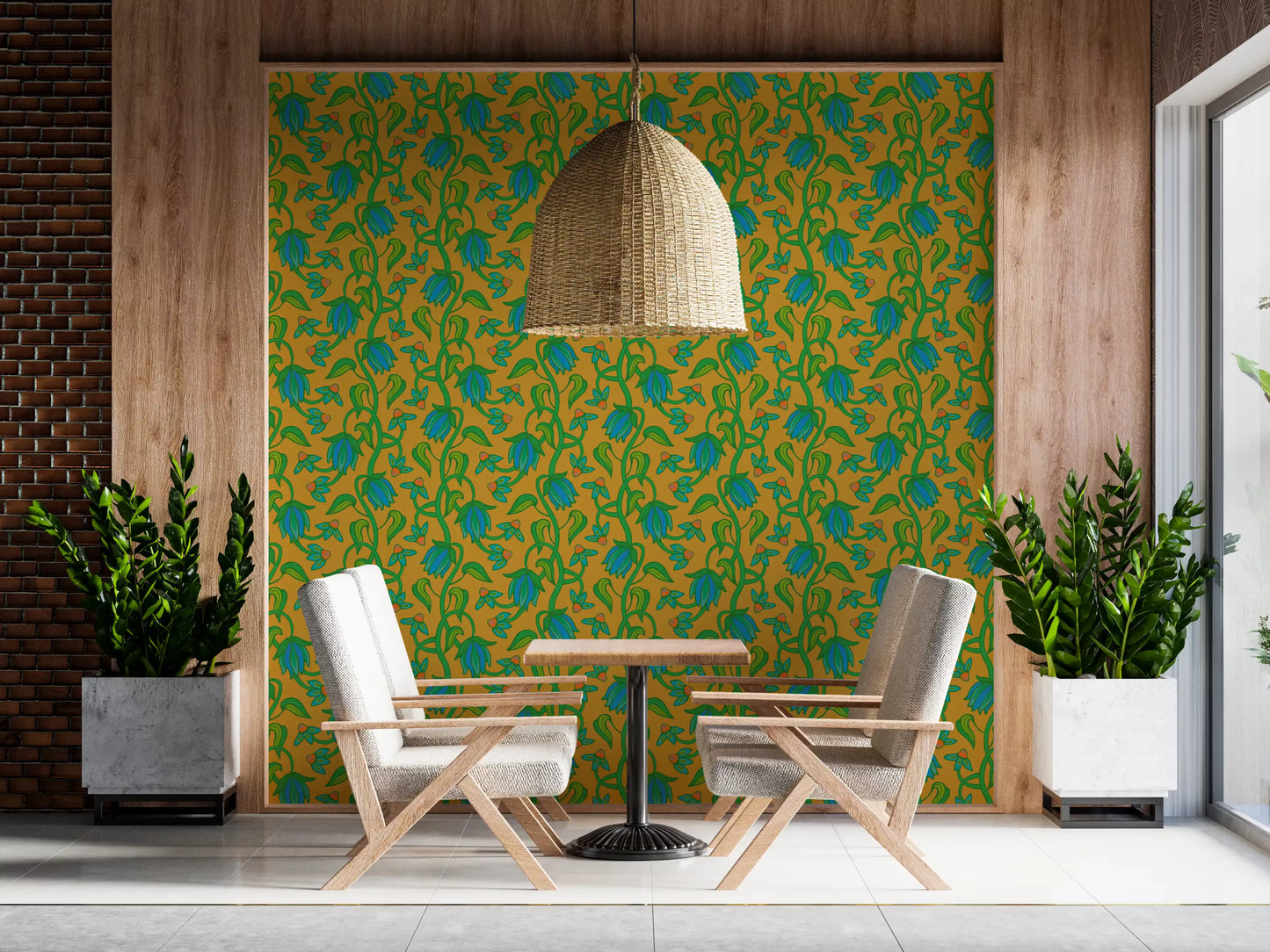 Tropical floral wallpaper featuring Ophelia Boho Blossoms bold pattern