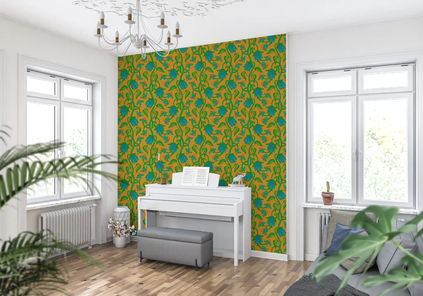 Boho tropical wallpaper featuring Ophelia Boho Blossoms repeat design