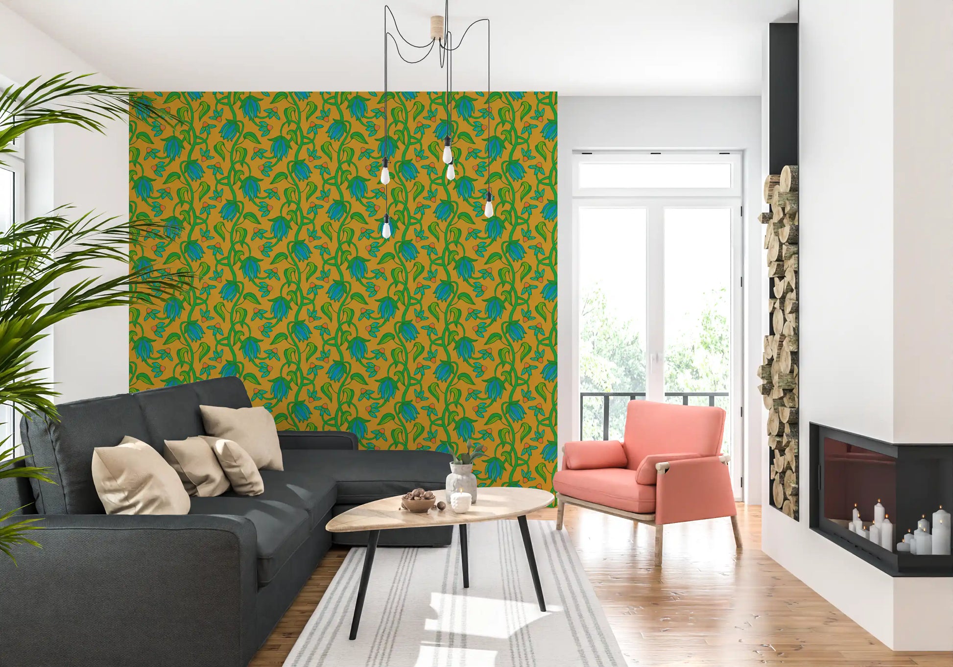 Ophelia Boho Blossoms living room wallpaper with bright mustard and green contrast