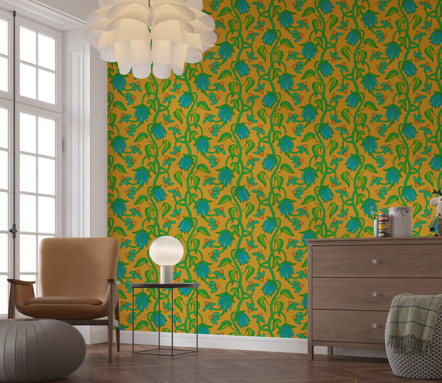 Creative workspace with Ophelia Boho Blossoms wallpaper bold color design
