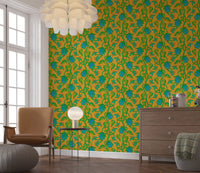 Creative workspace with Ophelia Boho Blossoms wallpaper bold color design