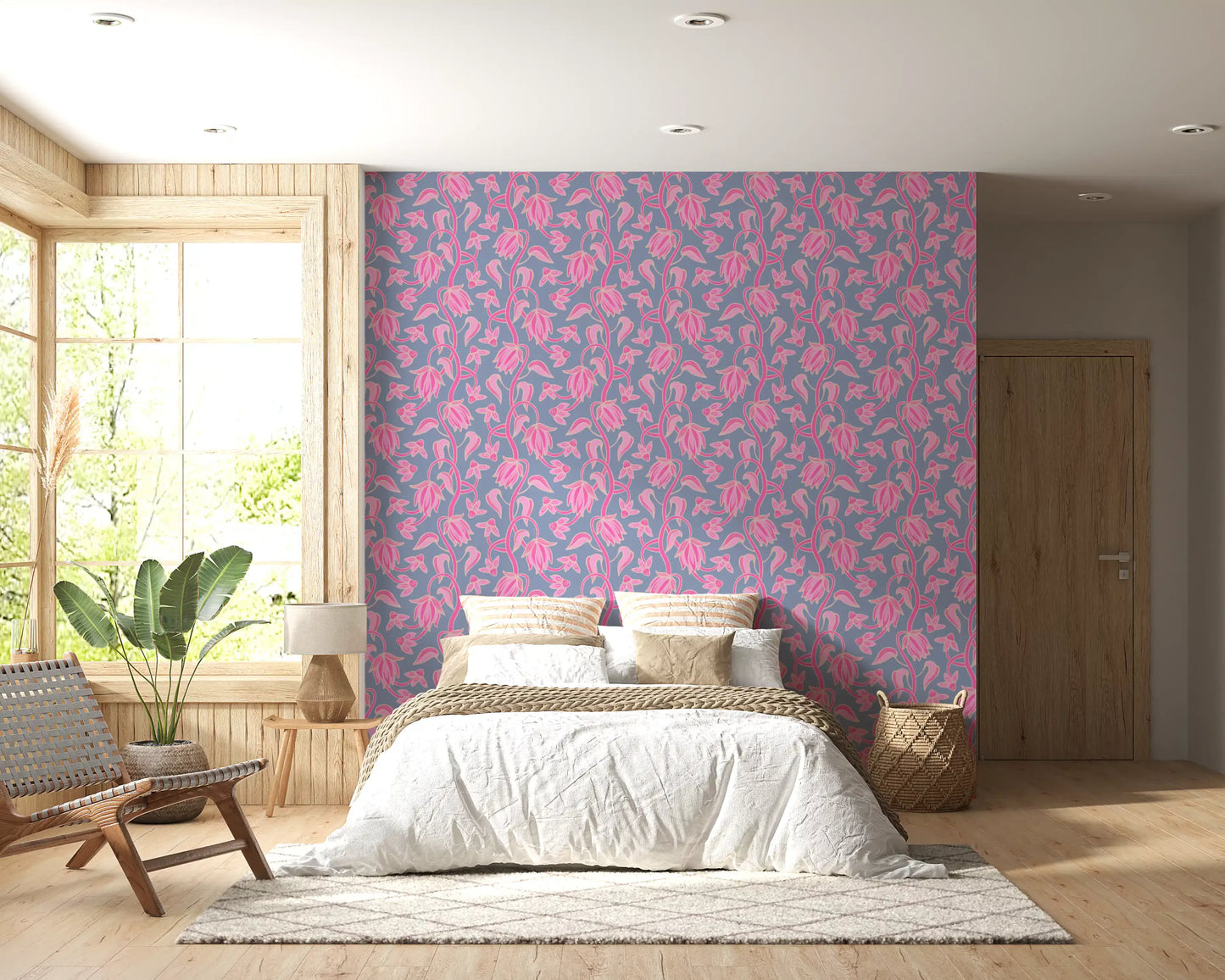 Creative room setup using Ophelia Boho Blossoms floral pattern wallpaper