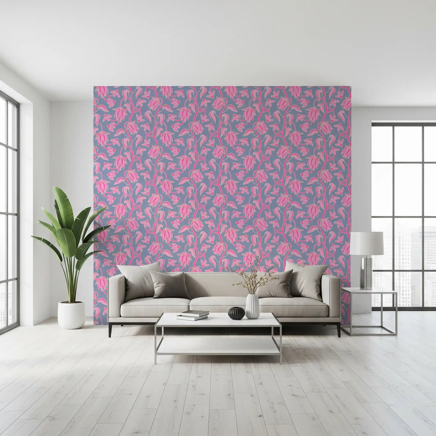 Living space featuring Ophelia Boho Blossoms wallpaper lavender base
