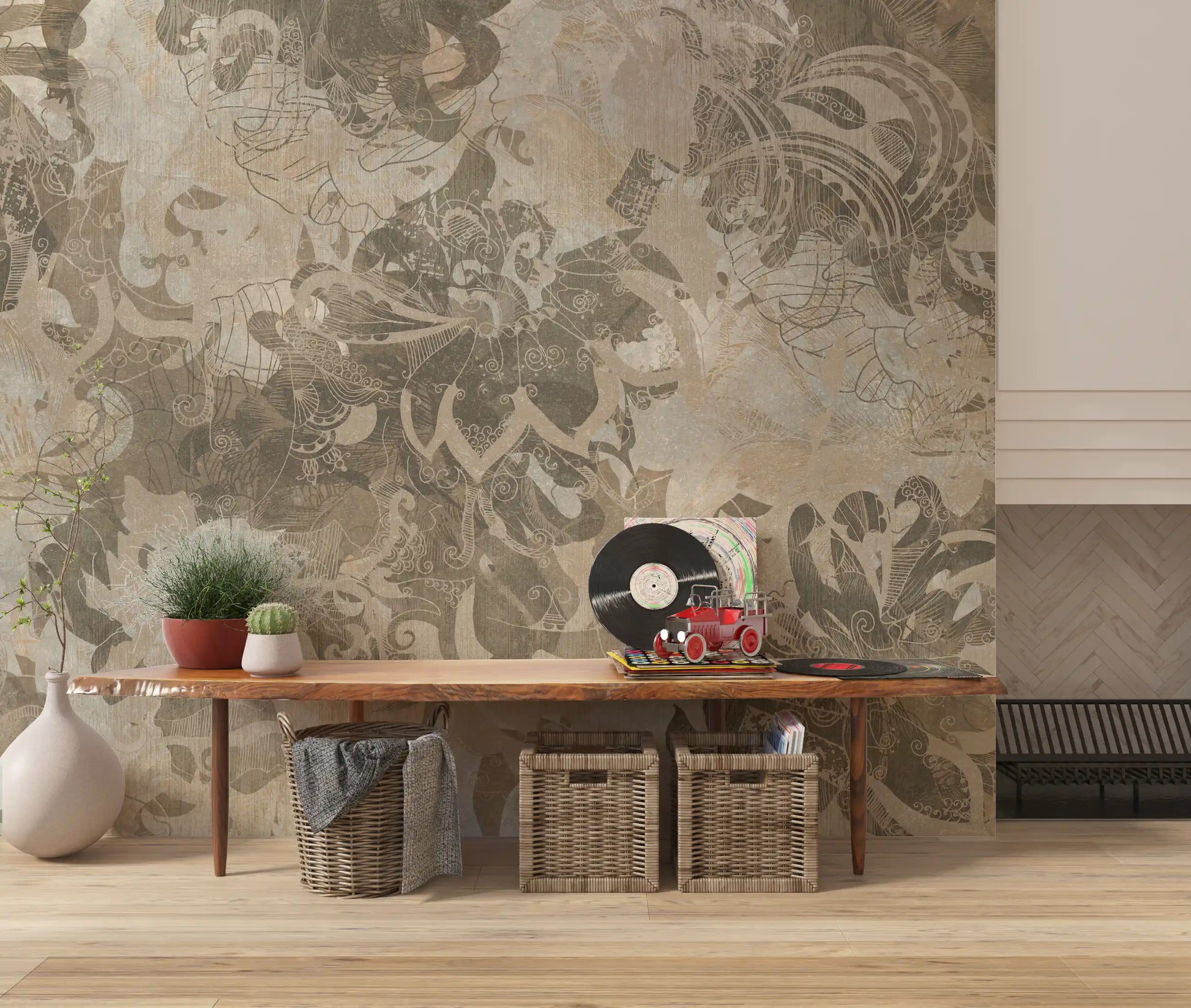 Organic Earth Tapestry wall mural with taupe beige layered composition