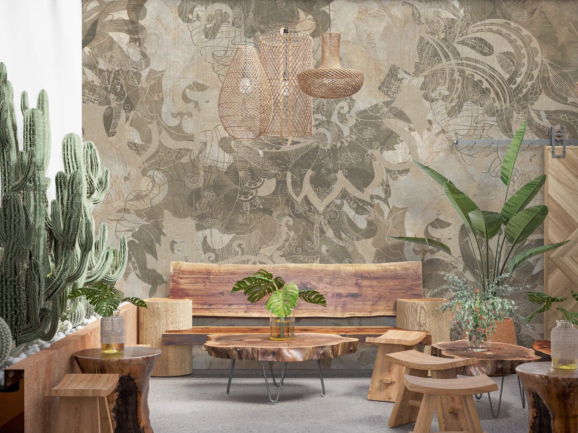 Cafe space styled in Organic Earth Tapestry wall mural muted tones
