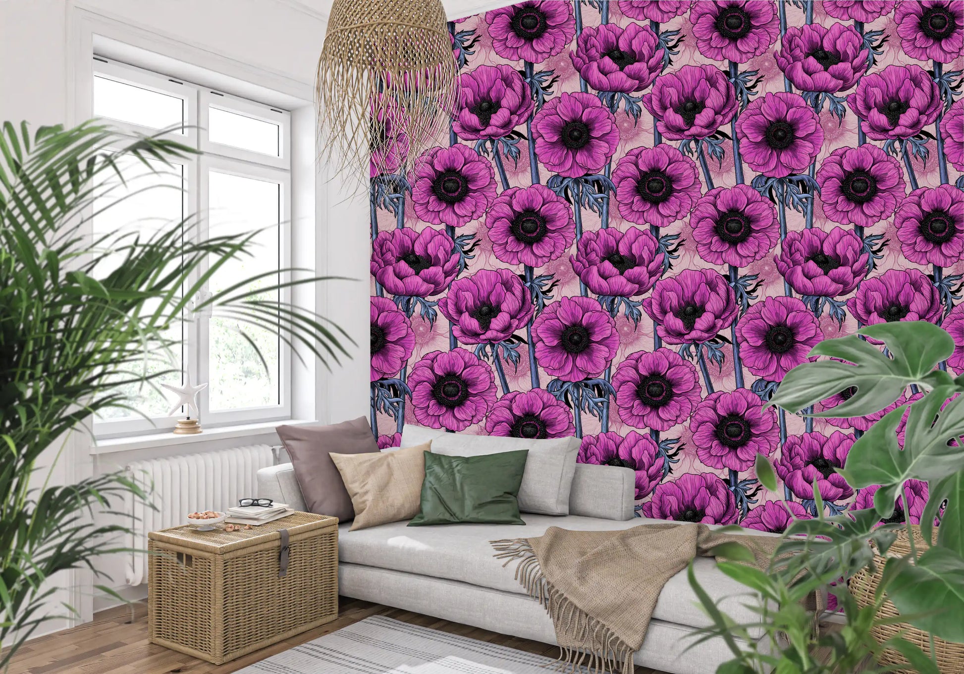Pink Anemone Garden wallpaper with dark centers and soft blush tones