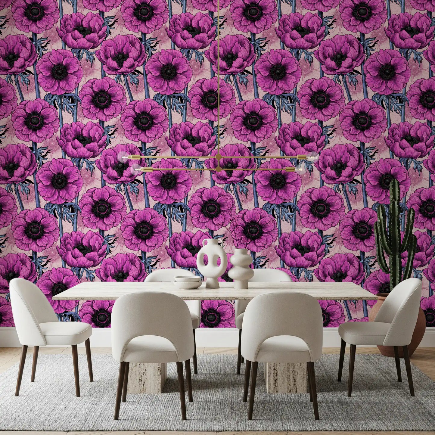 Dining room interior using Pink Anemone Garden wallpaper pink botanical look