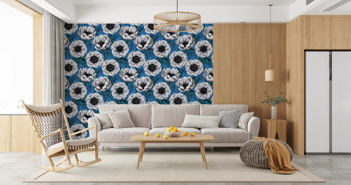 Modern botanical wallpaper featuring White Anemone Garden composition