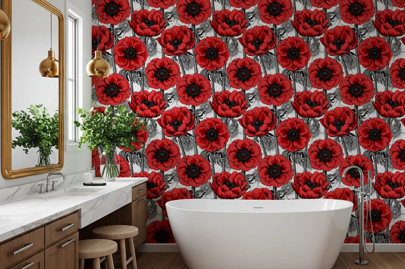 Bathroom styled with Red Anemone Garden on White wallpaper floral