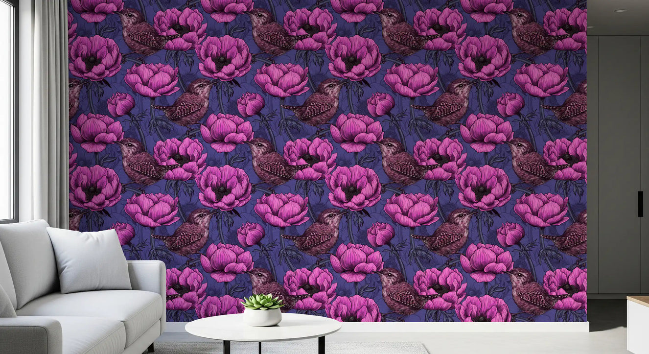 Carta da parati Scriccioli nel giardino di anemoni