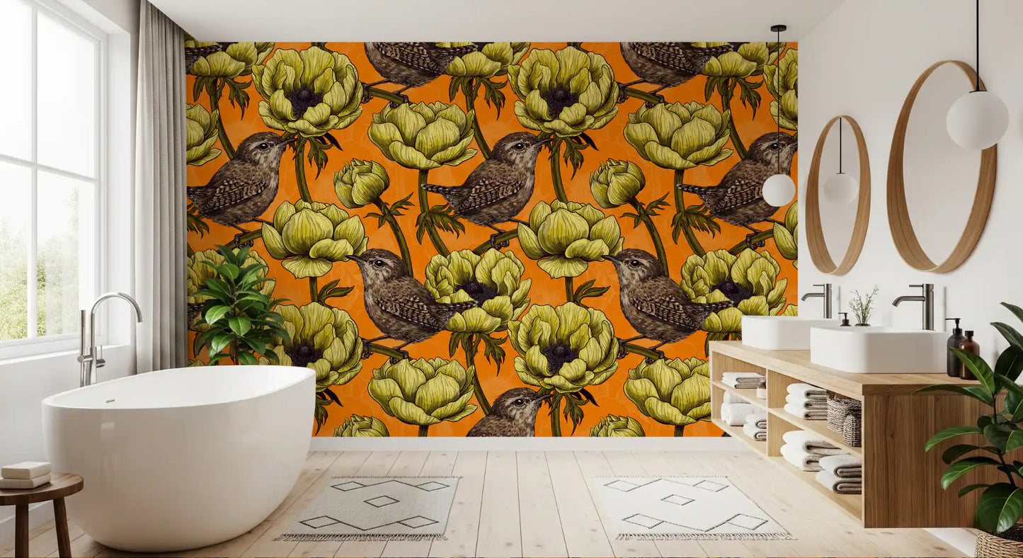 Bathroom setup with Wrens in the Yellow Anemone Garden wallpaper