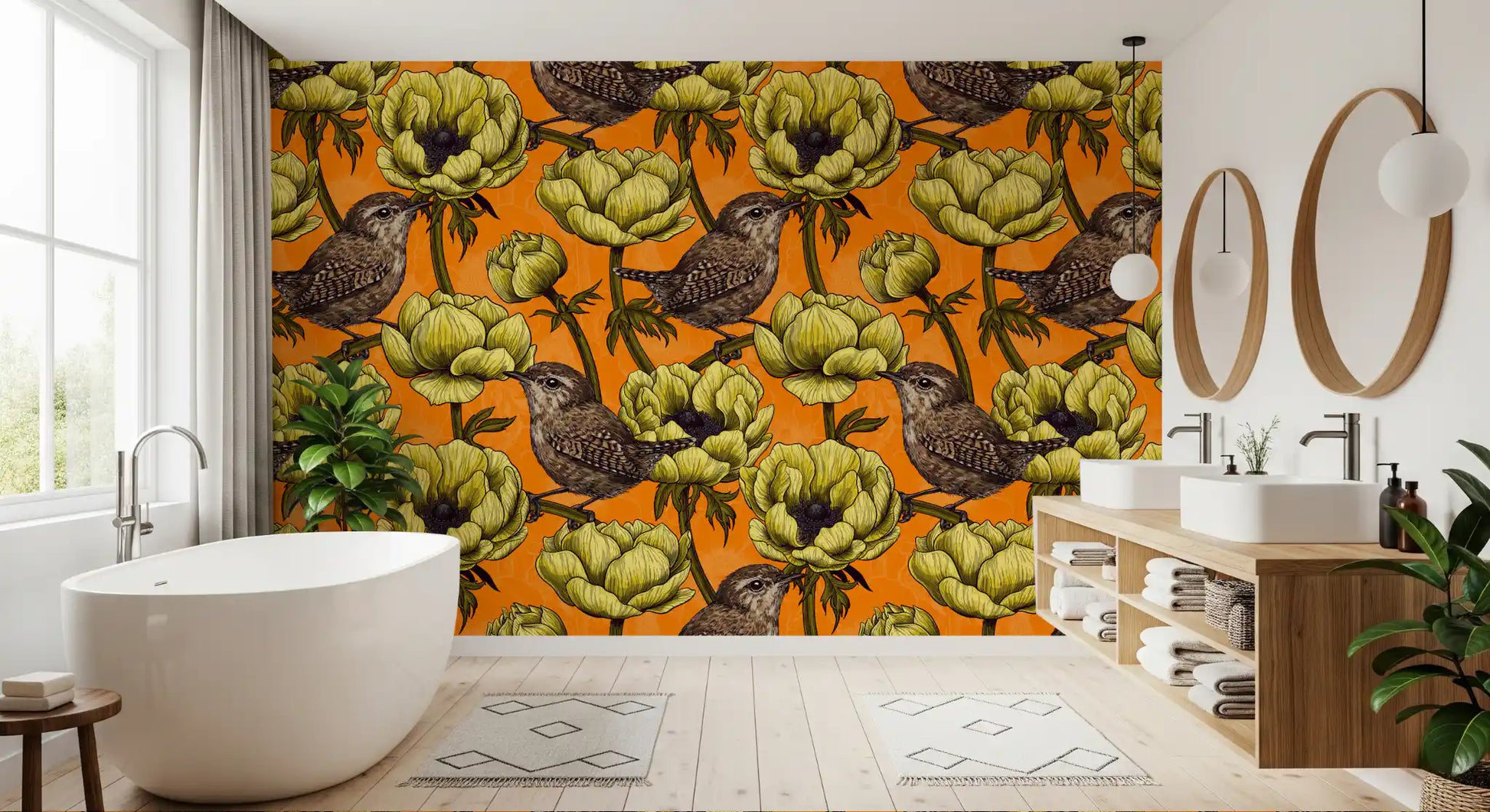 Bathroom setup with Wrens in the Yellow Anemone Garden wallpaper