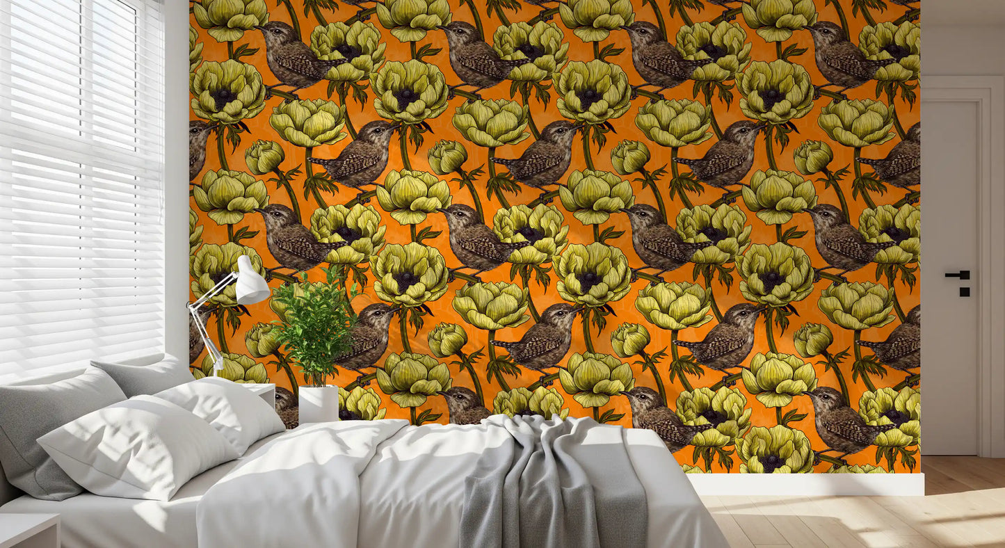 Floral wildlife wallpaper with Wrens in the Yellow Anemone Garden style