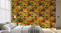 Floral wildlife wallpaper with Wrens in the Yellow Anemone Garden style