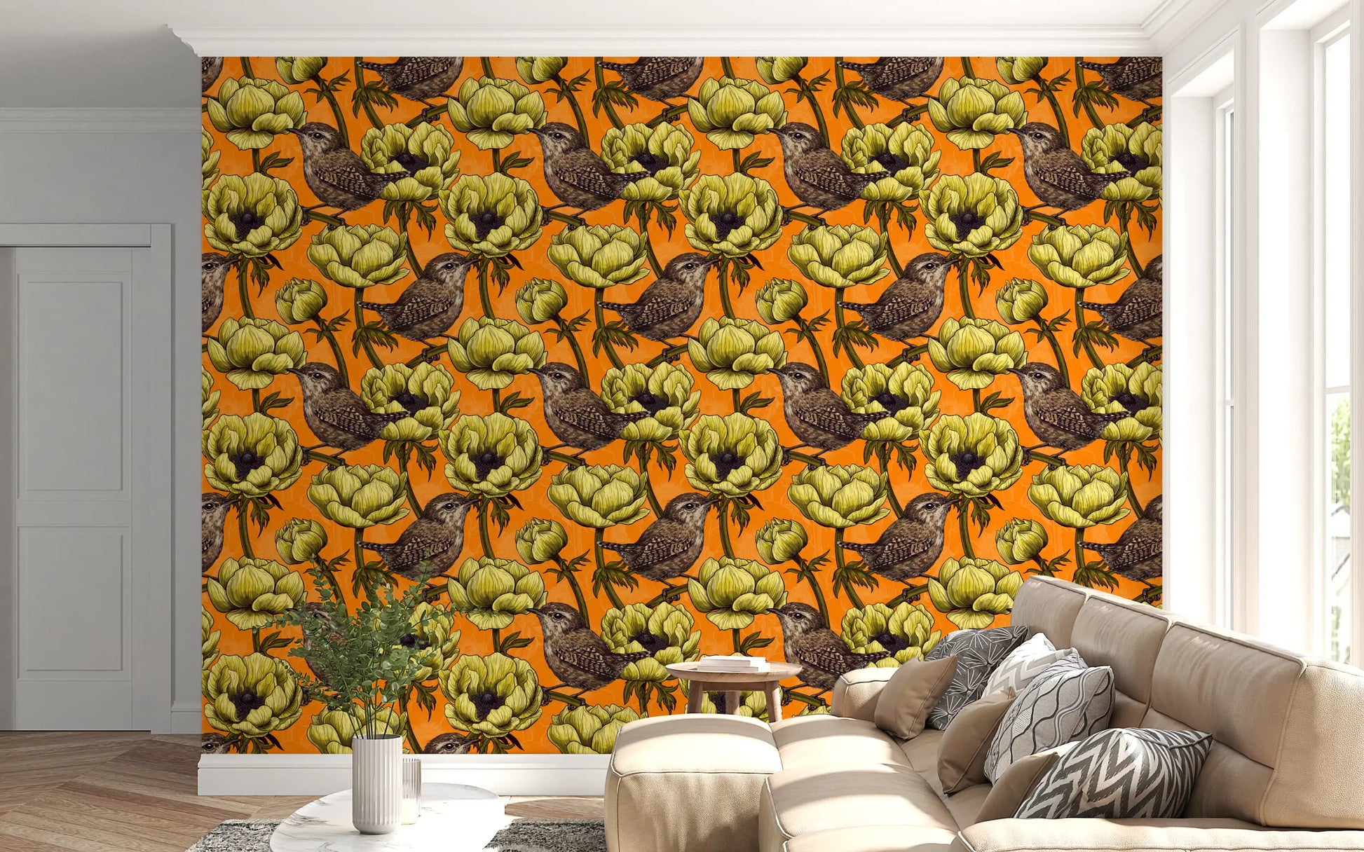 Living room styled with Wrens in the Yellow Anemone Garden wallpaper
