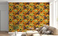 Living room styled with Wrens in the Yellow Anemone Garden wallpaper