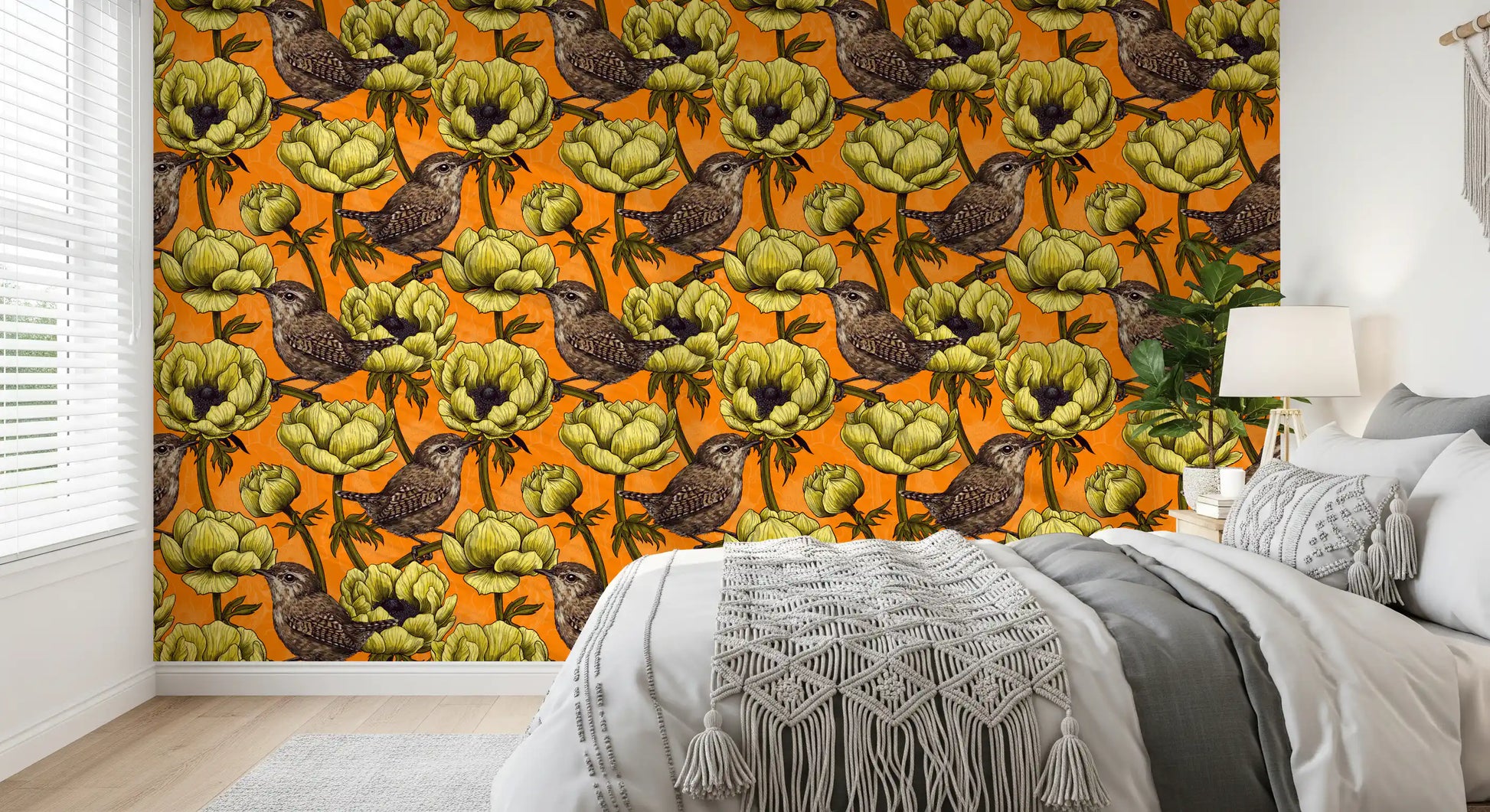 Bedroom interior using Wrens in the Yellow Anemone Garden wallpaper
