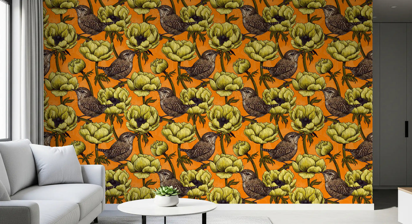 Wrens in the Yellow Anemone Garden wallpaper with bird floral design