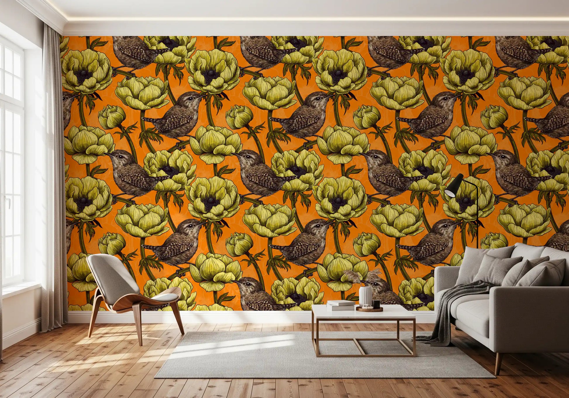 Hallway featuring Wrens in the Yellow Anemone Garden wallpaper pattern