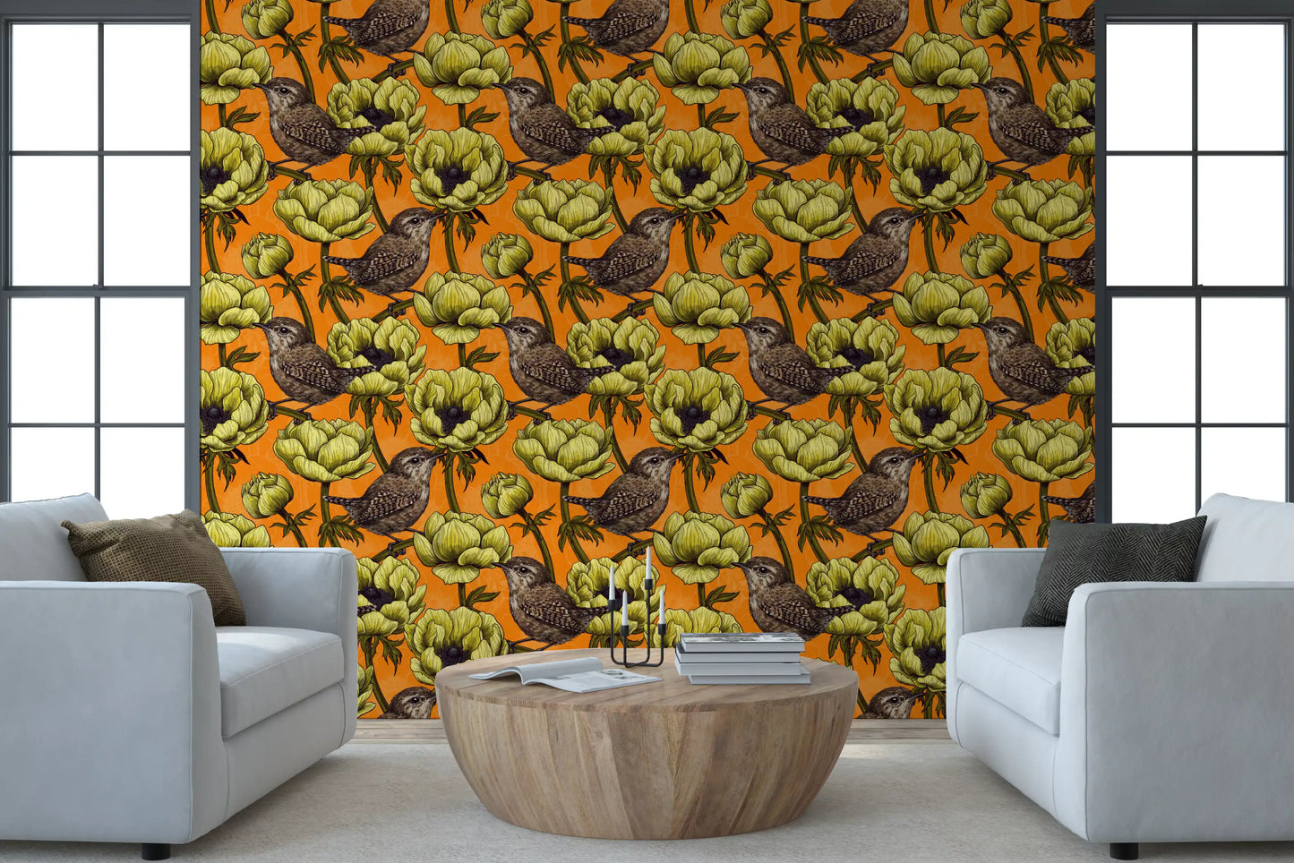 Wrens in the Yellow Anemone Garden wallpaper with detailed birds
