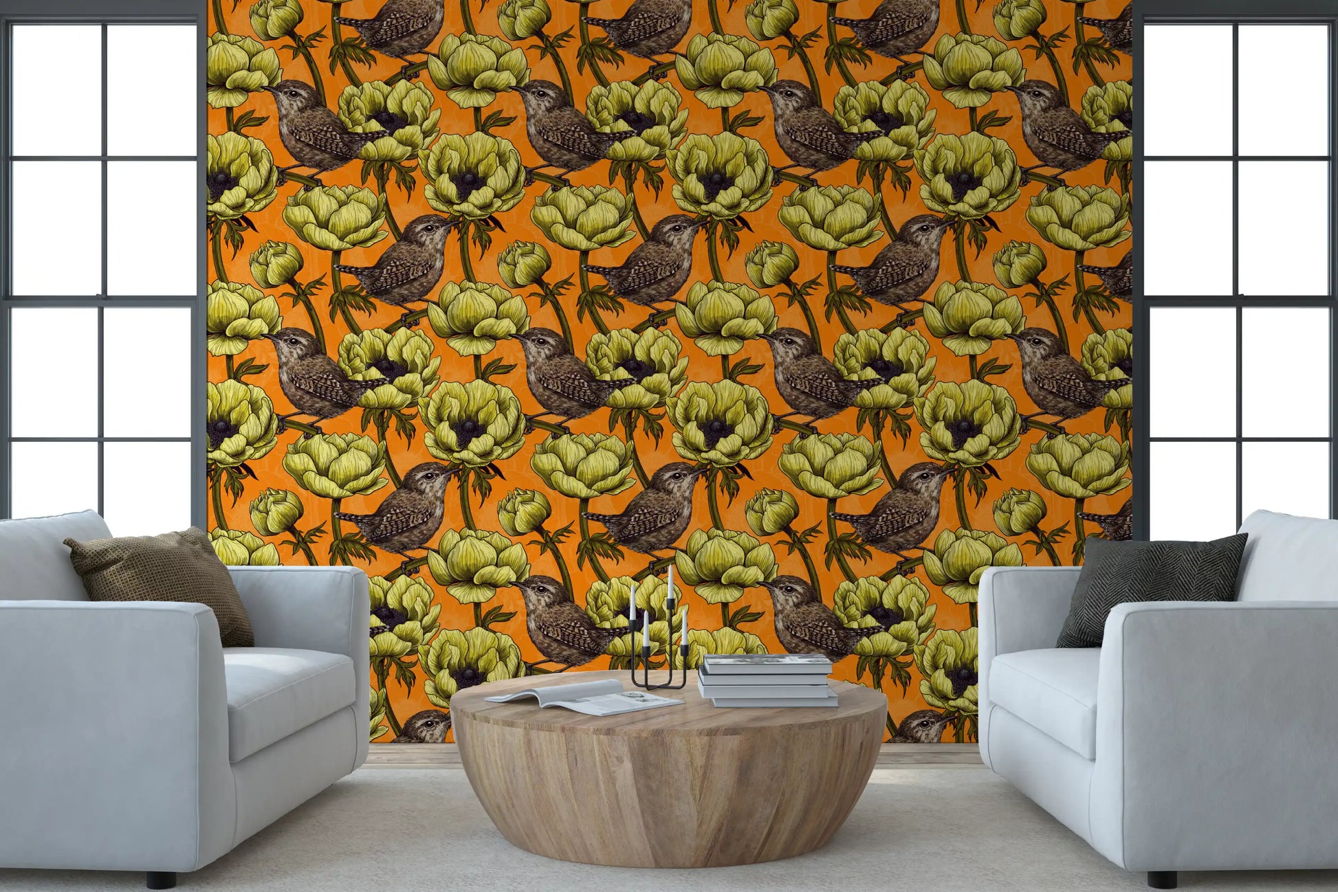 Wrens in the Yellow Anemone Garden wallpaper with detailed birds
