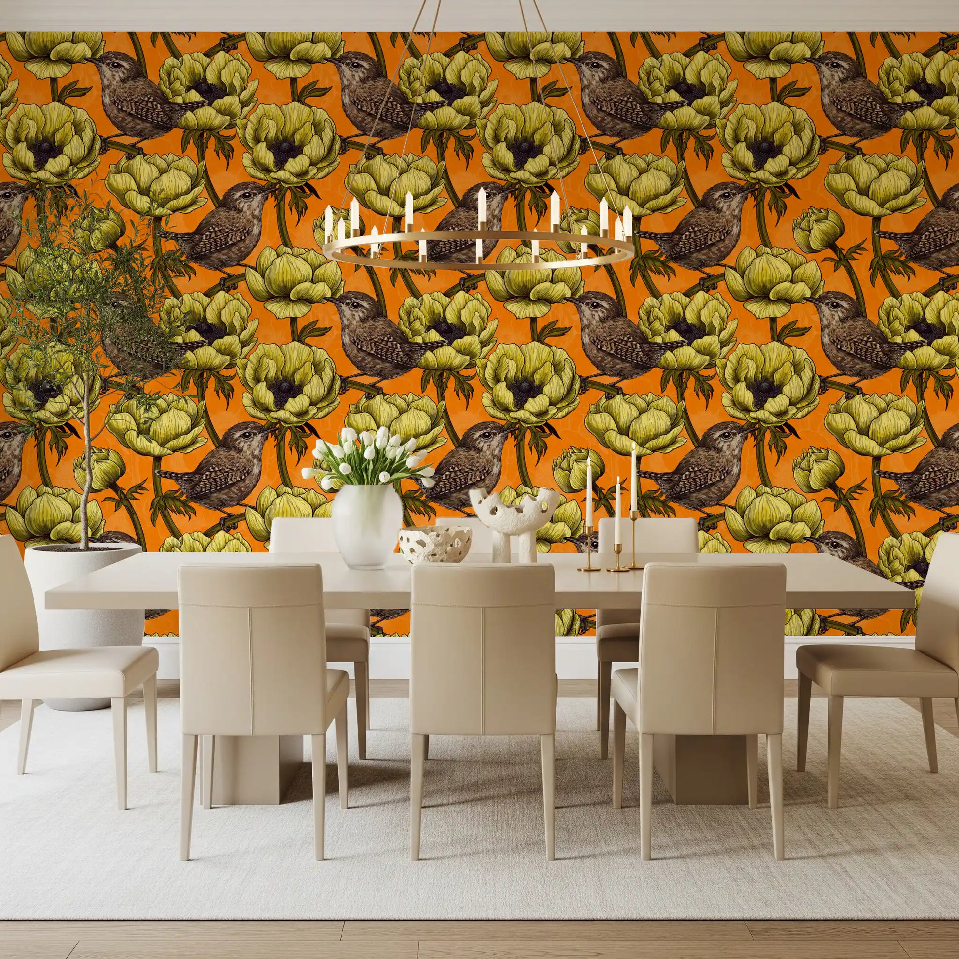 Bird and flower wallpaper featuring Wrens in the Yellow Anemone Garden
