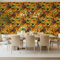Bird and flower wallpaper featuring Wrens in the Yellow Anemone Garden