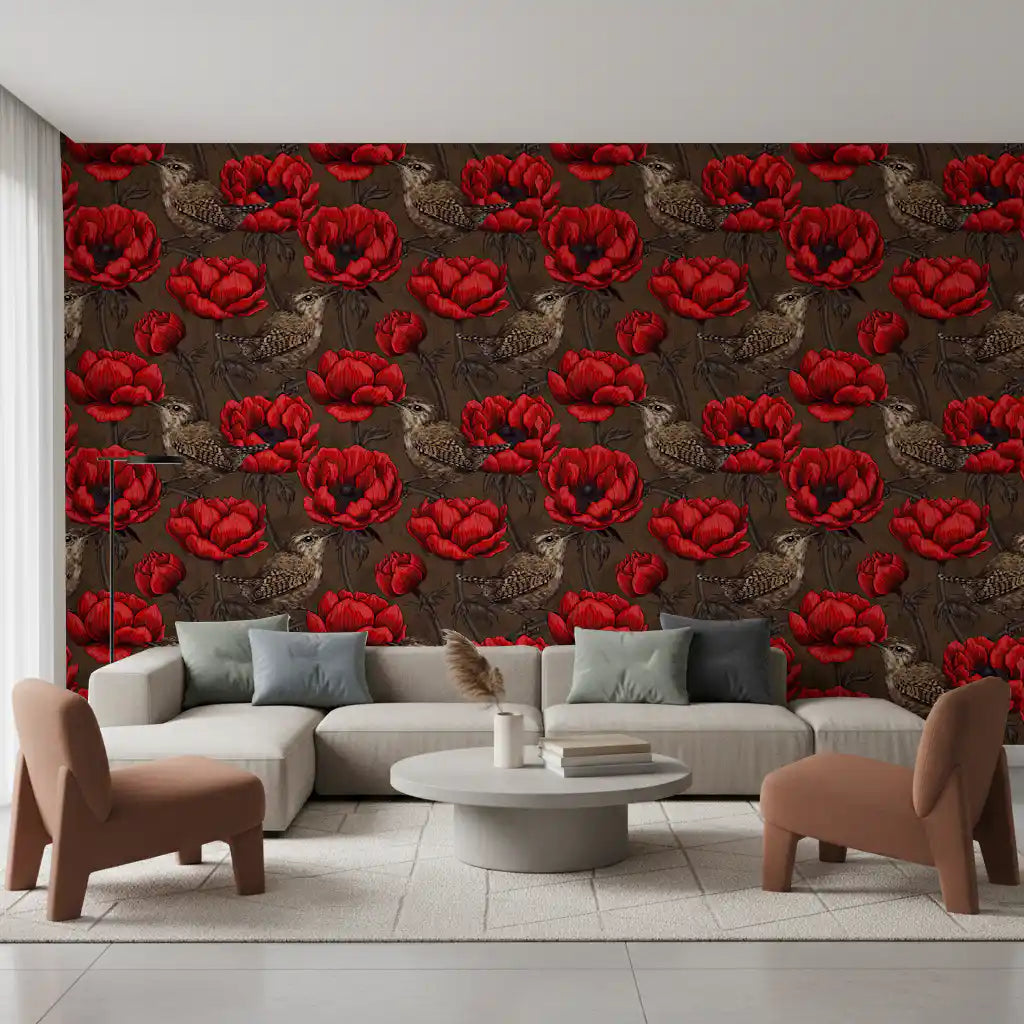 Wrens in Red Anemone Garden wallpaper red flowers detail