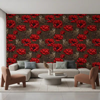 Wrens in Red Anemone Garden wallpaper red flowers detail