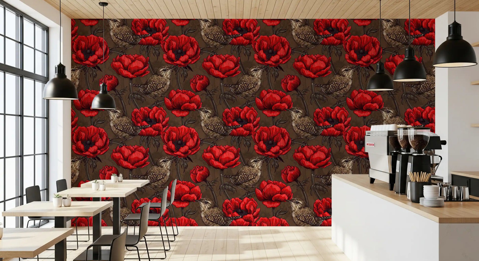 Bird illustration in Wrens in Red Anemone Garden wallpaper