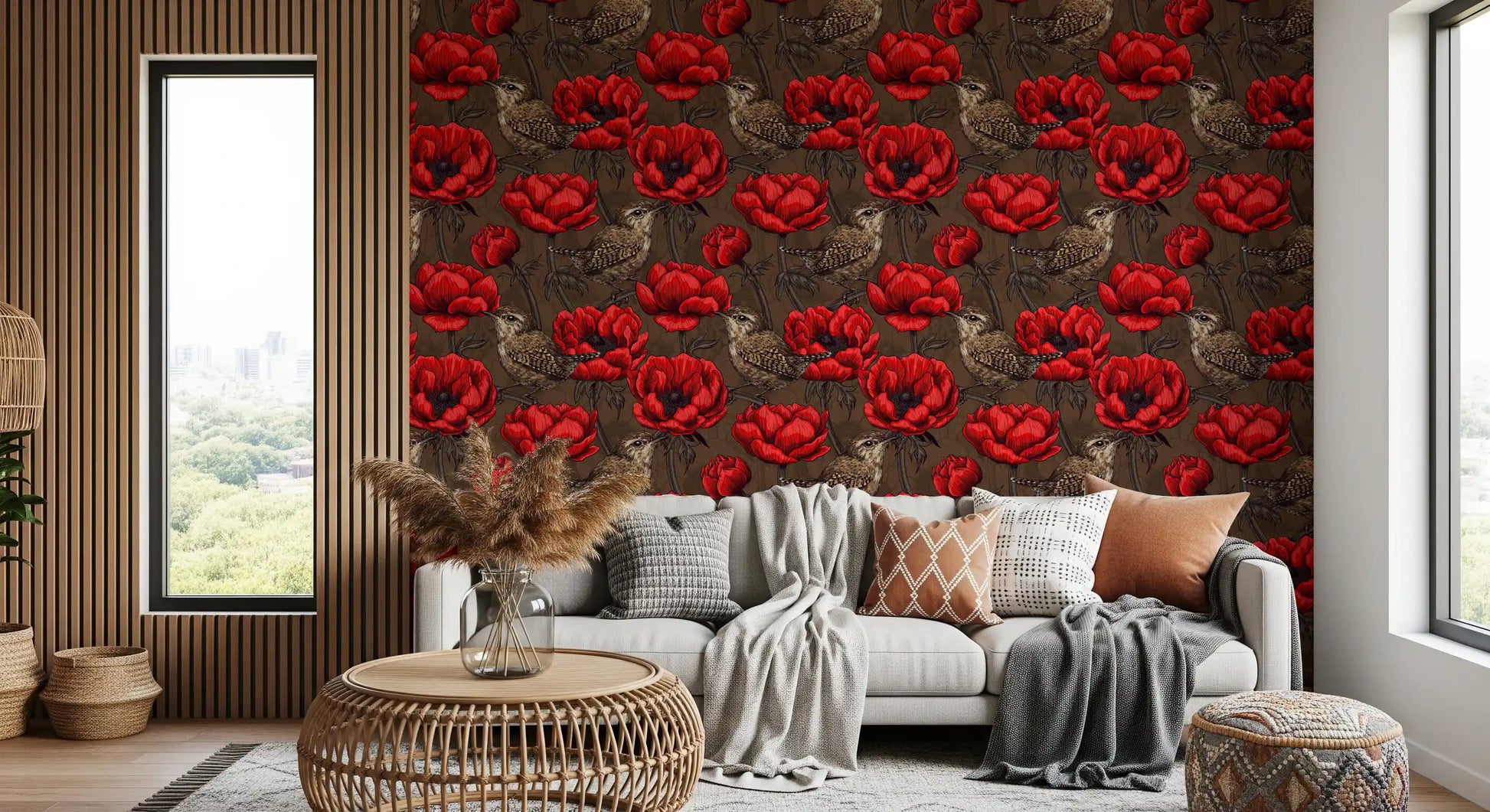 Botanical theme Wrens in Red Anemone Garden wallpaper