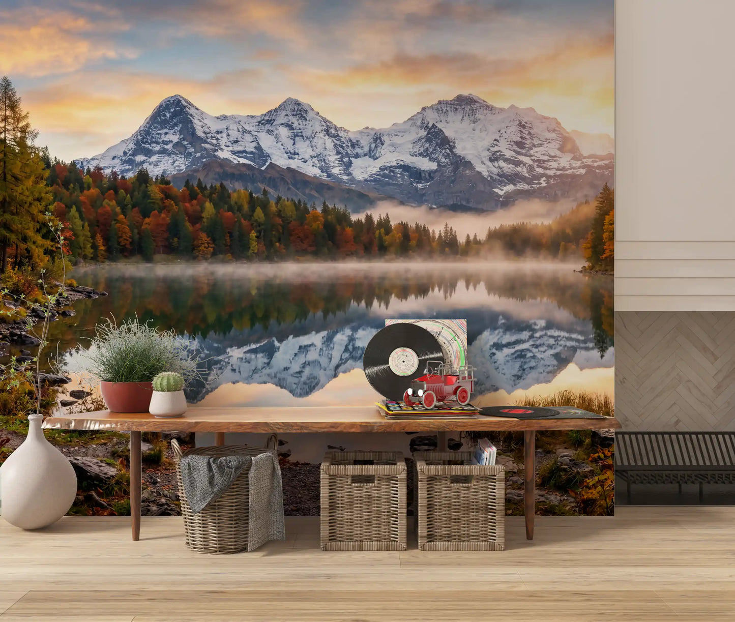 Misty Peaks: Autumn Reflections at Dawn Wall Mural
