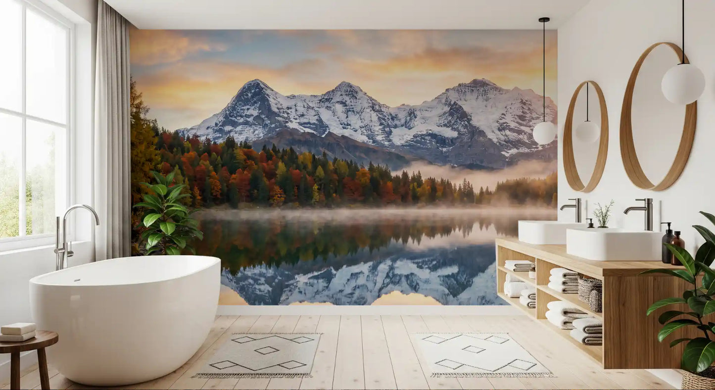 Misty Peaks: Autumn Reflections at Dawn Wall Mural