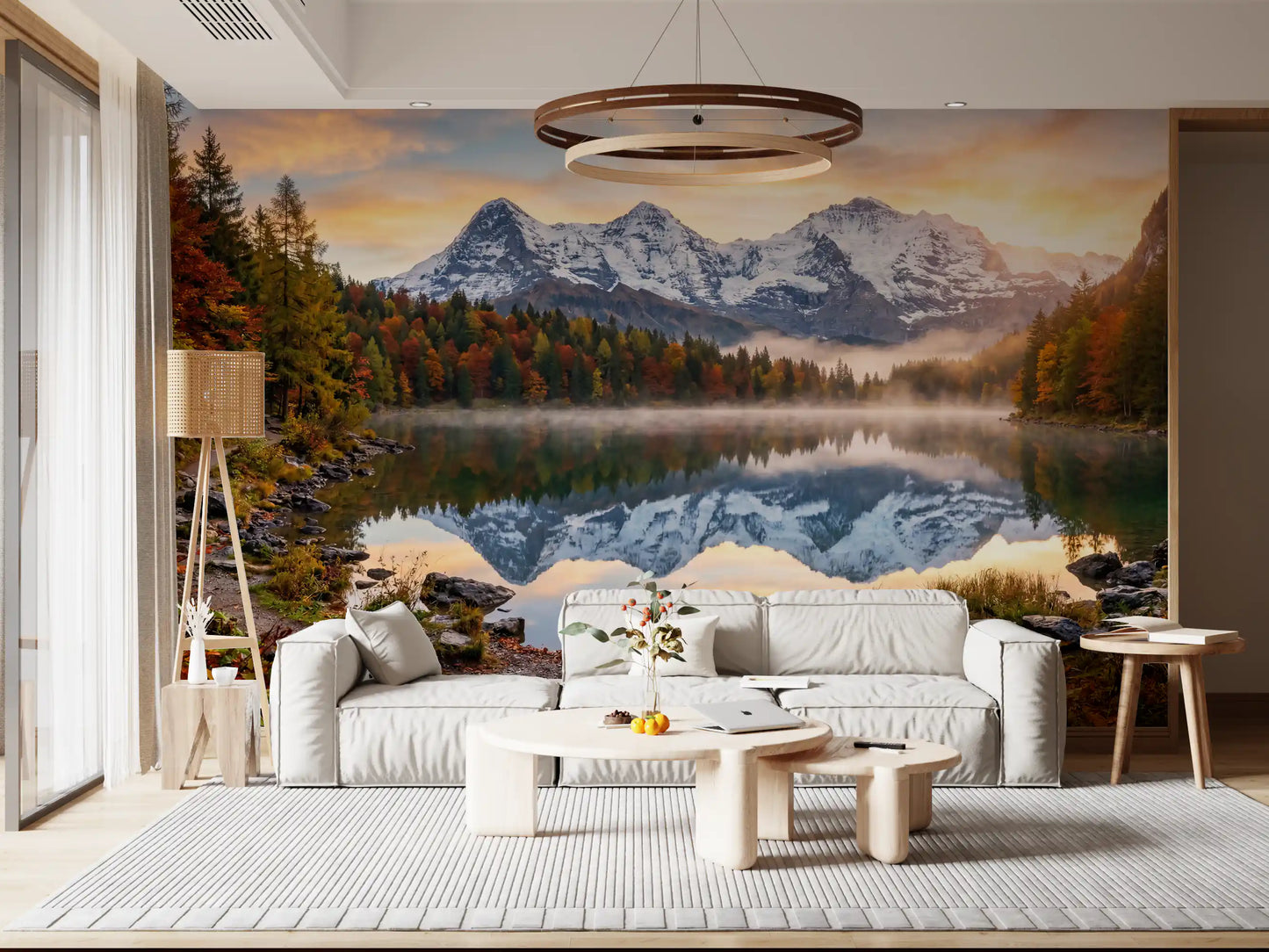 Misty Peaks: Autumn Reflections at Dawn Wall Mural