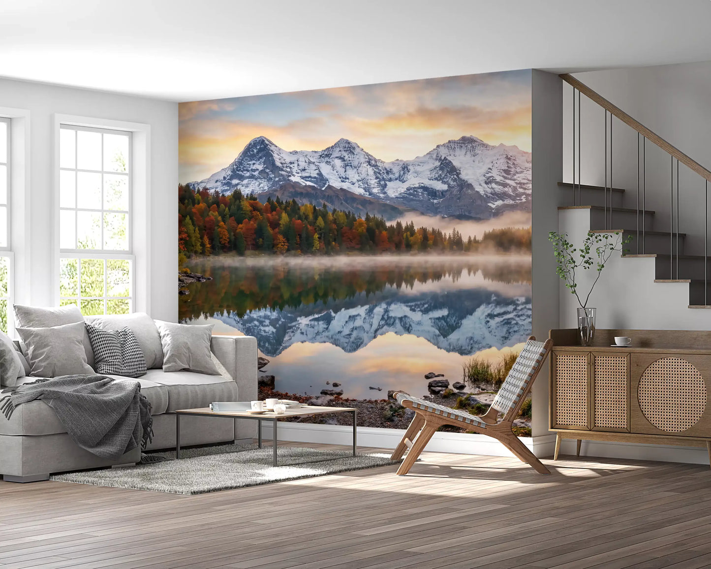 Misty Peaks: Autumn Reflections at Dawn Wall Mural