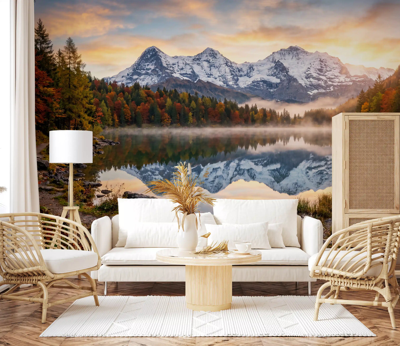 Misty Peaks: Autumn Reflections at Dawn Wall Mural
