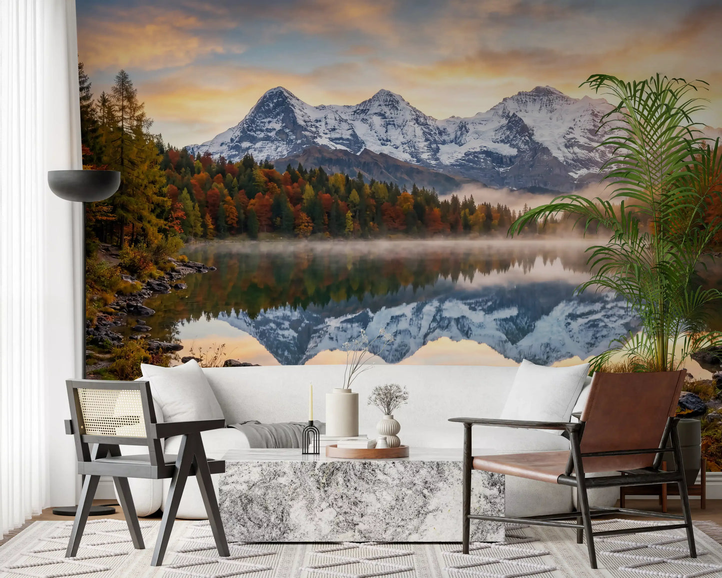 Misty Peaks: Autumn Reflections at Dawn Wall Mural