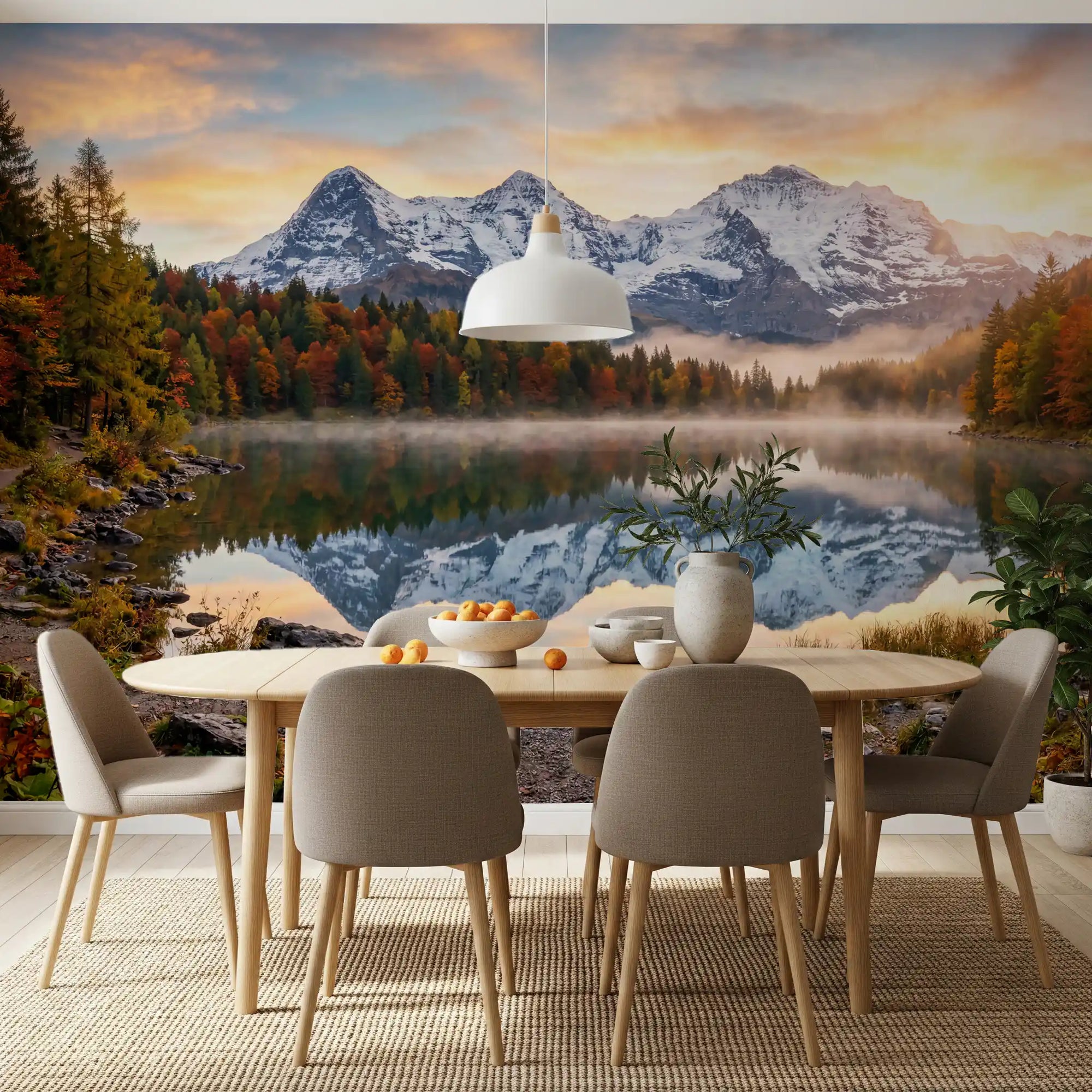 Dining room styled with Misty Peaks Autumn Reflections wall mural lake view