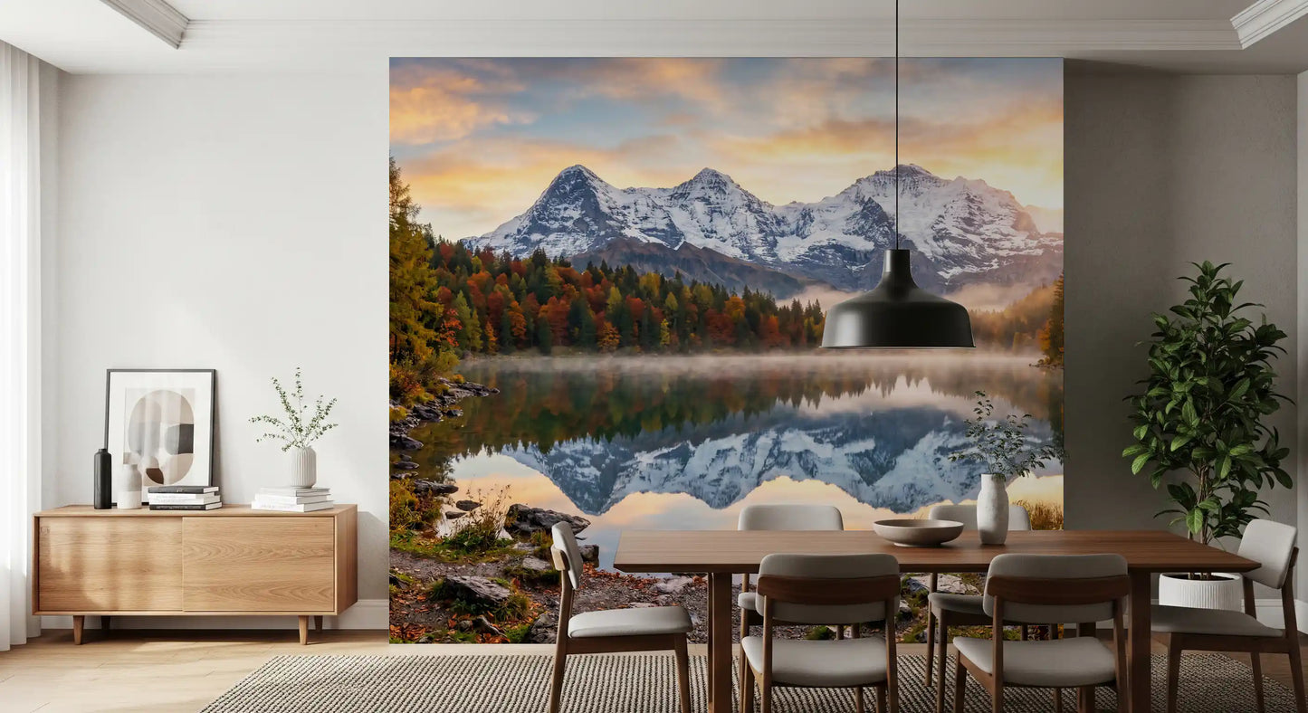 Misty Peaks: Autumn Reflections at Dawn Wall Mural