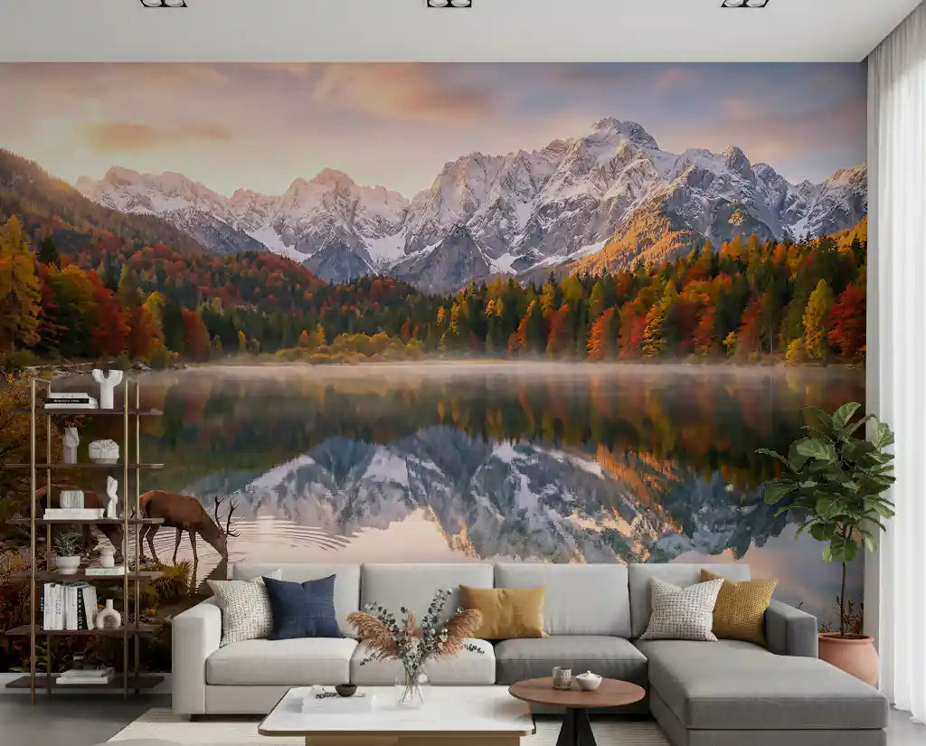 Living room styled with Alpine Autumn Reflection with Deer wall mural lake view