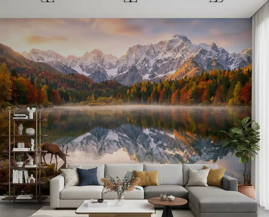 Living room styled with Alpine Autumn Reflection with Deer wall mural lake view