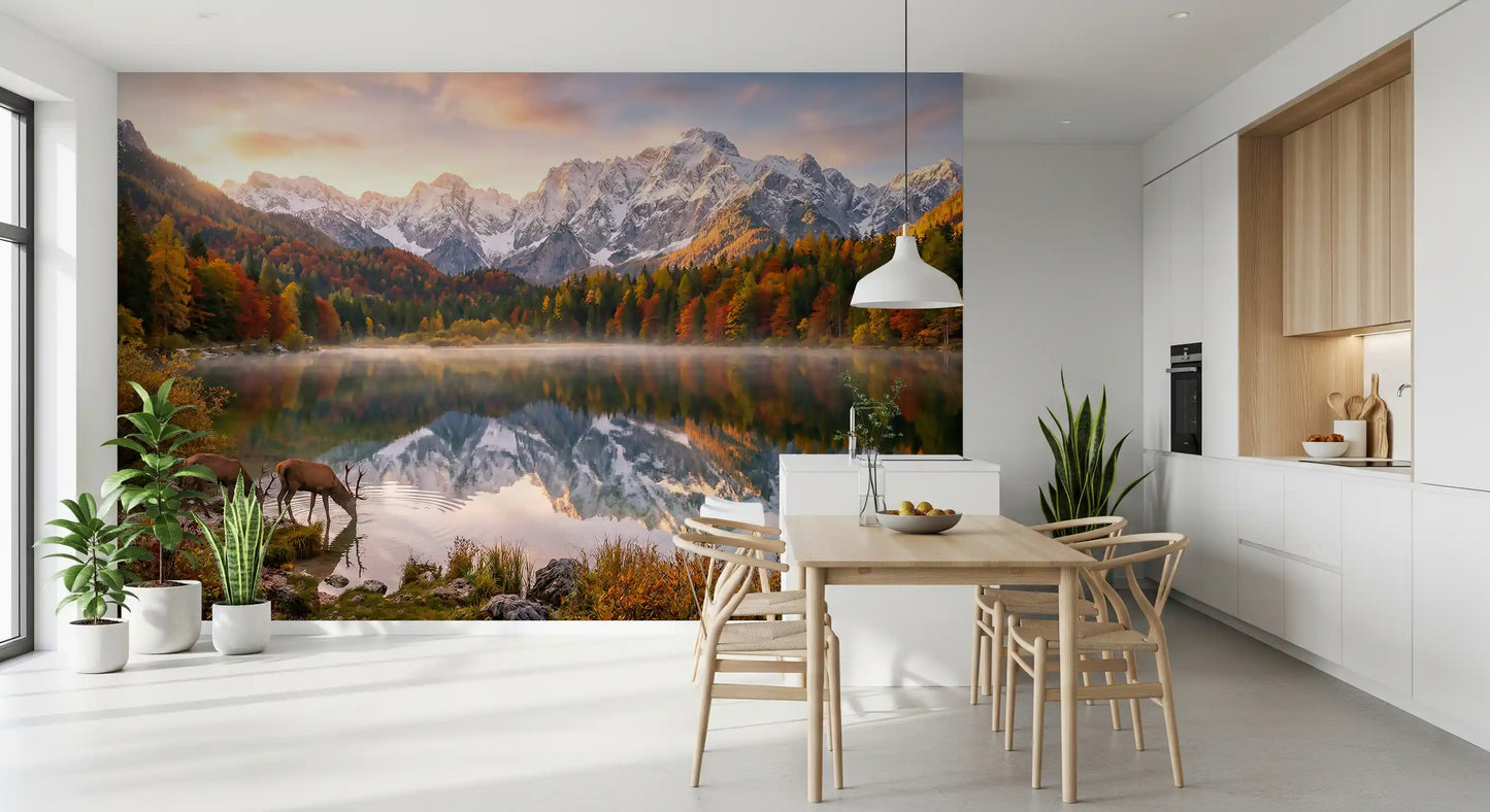 Alpine Autumn Reflection with Deer Wall Mural