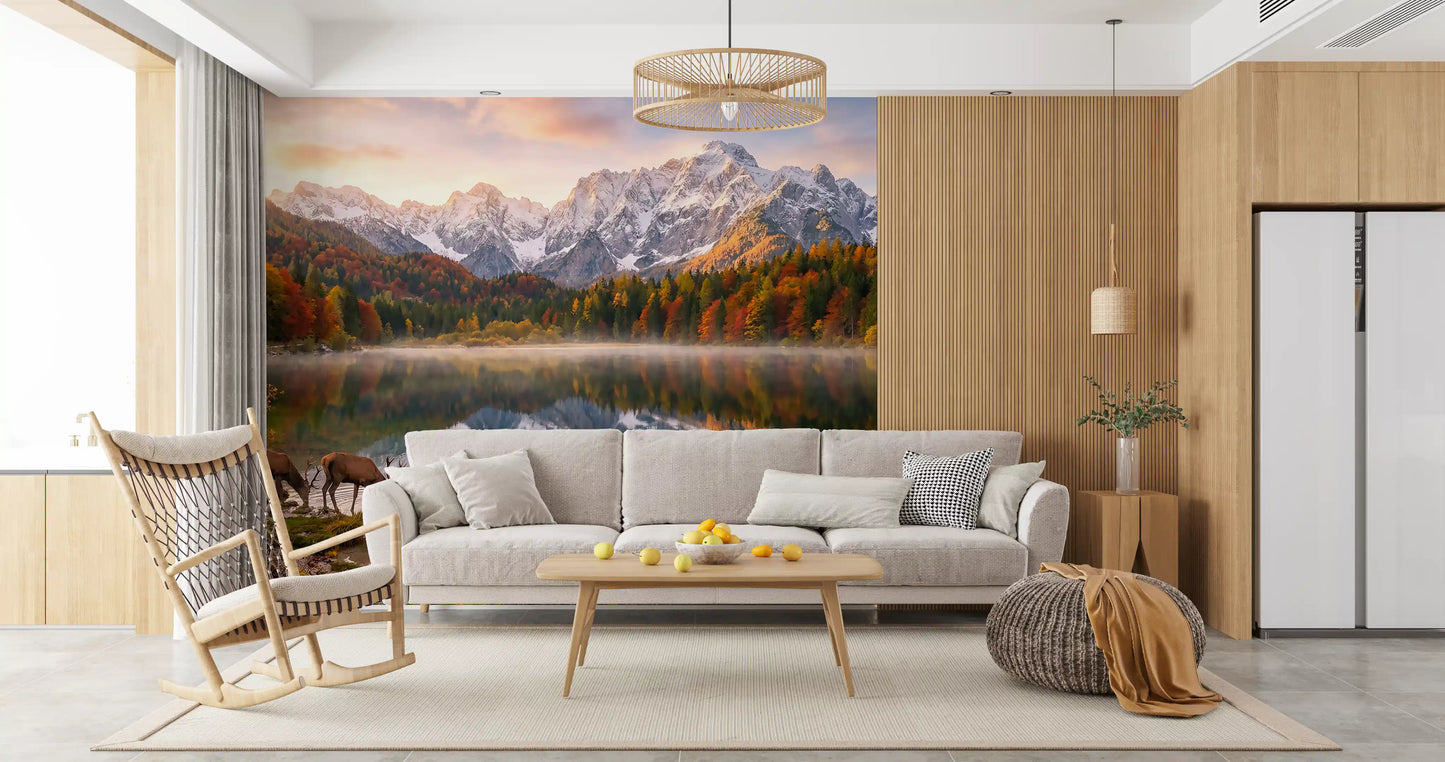 Alpine Autumn Reflection with Deer Wall Mural